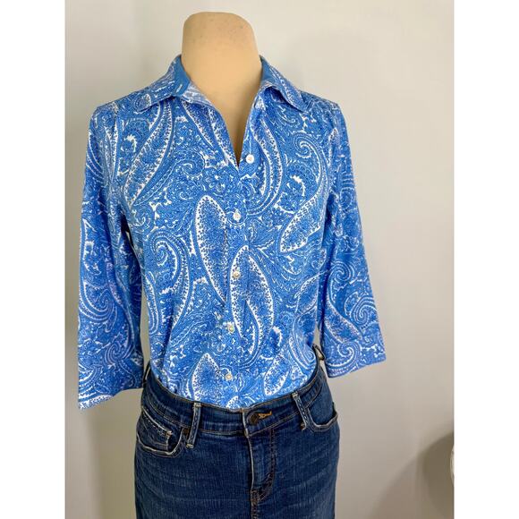 Vintage Talbots women's printed cotton lawn blue paisley shirt,  size M - Picture 12 of 12